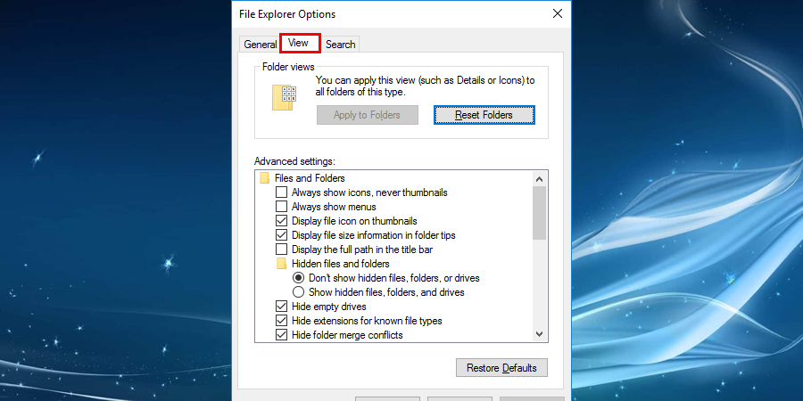 Navigate to View tab in the index to change the settings to fix Windows File Explorer keeps crashing
