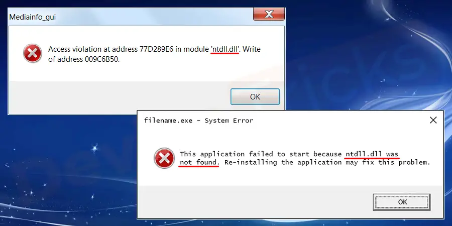 błąd aplikacji ntdll dll w systemie Windows 7