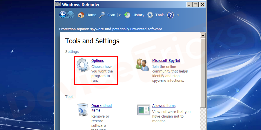 Under the settings category, you can see options, click on that button. You will be directed to the next window.