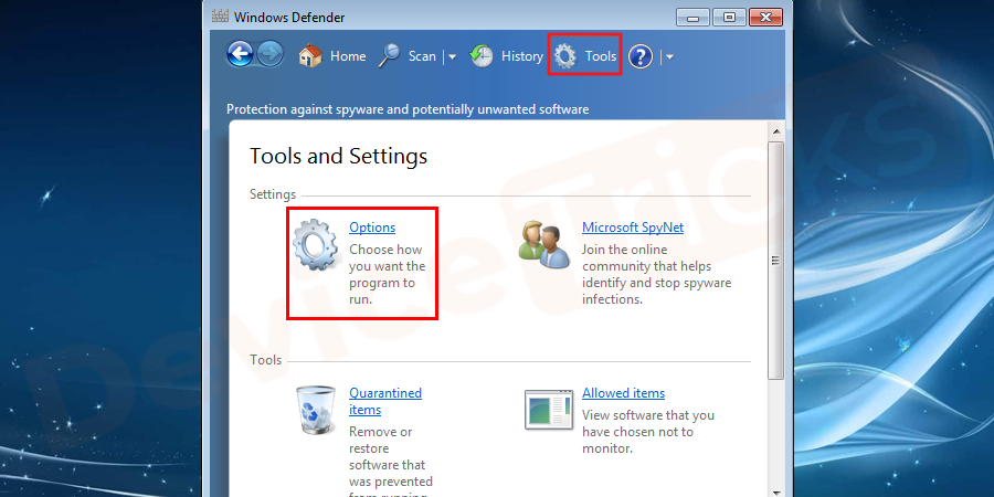 From the next screen, select options under settings category.