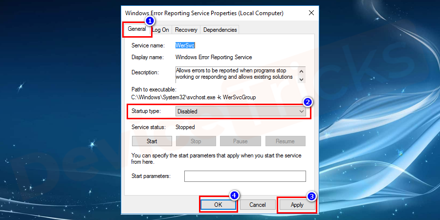 Soon, you will get another pop-up, displaying salient features of Windows Error Reporting Services. Move to ‘Startup Type’ section and select ‘Disable’ from the drop-down menu. And then click on ‘Apply’ and further click on the ‘OK’ button.