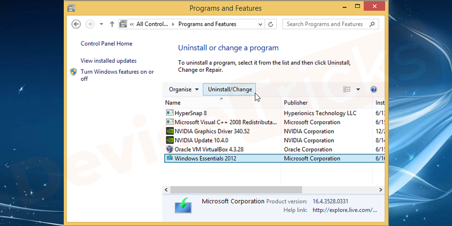 Here you will get the list of applications. You need to select the Windows Essential and then choose to change or repair the setup.