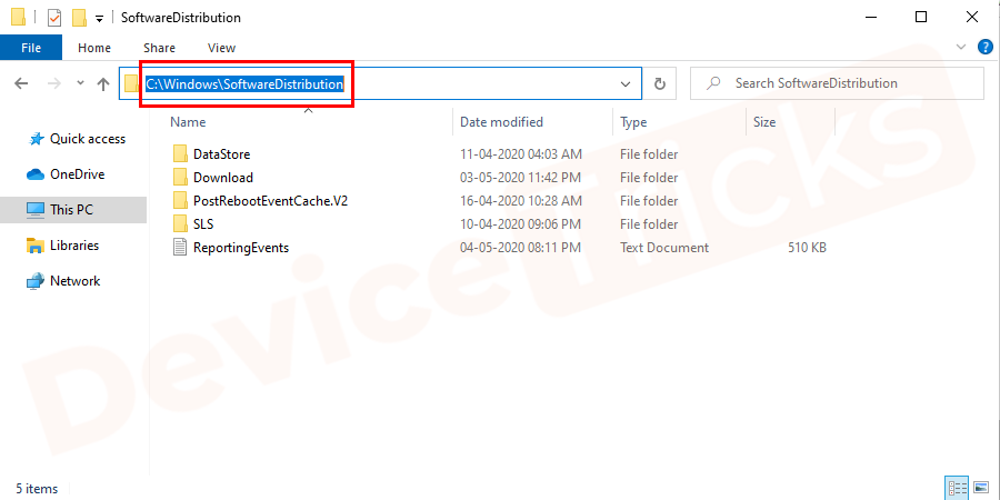 Open the Windows Explorer window. Type C:\Windows\SoftwareDistribution into the address bar.