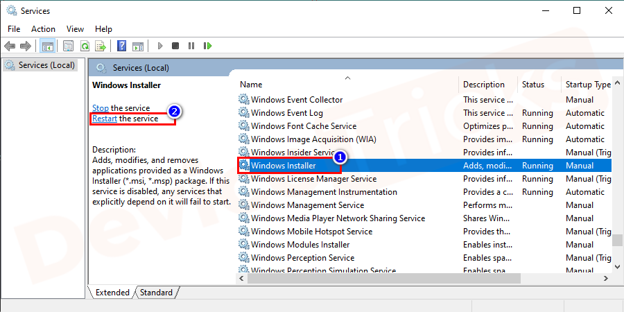 On the new window, search for Windows Installer and tap on the restart link.