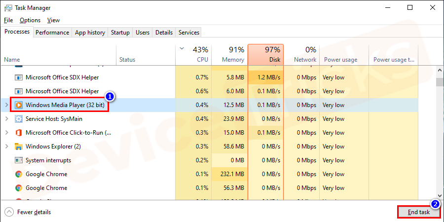 Once the task manager is opened select the Windows Media Player from the process pane and click on the End task button.