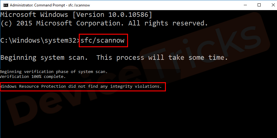 On completion, if everything is fine, the message will display on your screen “Windows Resource Protection did not find any integrity Violations”.