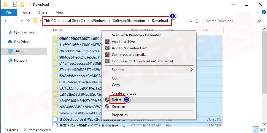 Navigate to c:\Windows\SoftwareDistribution\Download and delete all the files by selecting all the files by pressing Ctrl +A key altogether. Right-click on it select delete option from the menu.