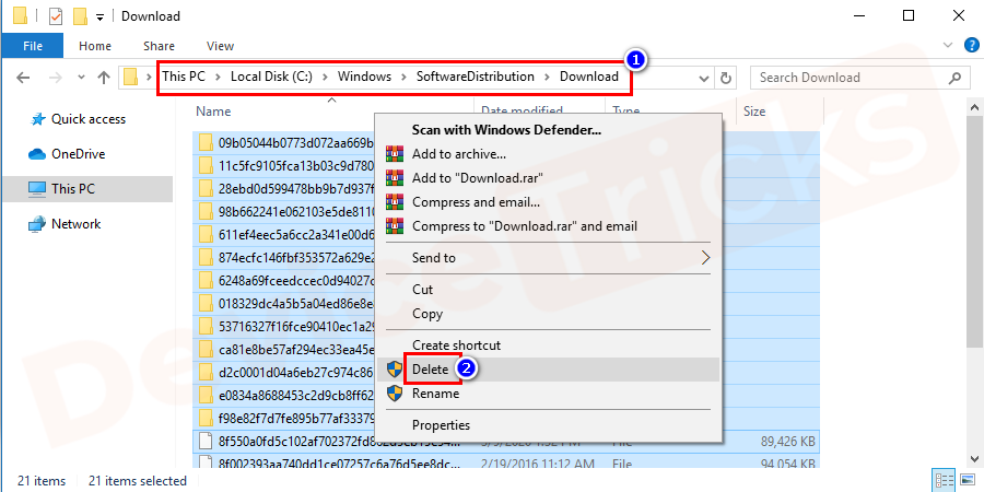 Navigate to c:\Windows\SoftwareDistribution\Download and delete all the files by selecting all the files by pressing Ctrl +A key altogether. Right-click on it select delete option from the menu.