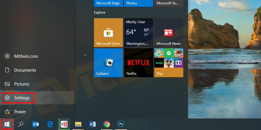 Go to the Start menu and click on the Settings option.