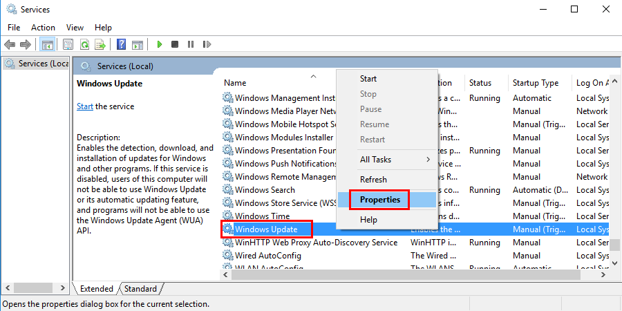 Locate the Windows Update service in the services window. Double Click to open its properties.