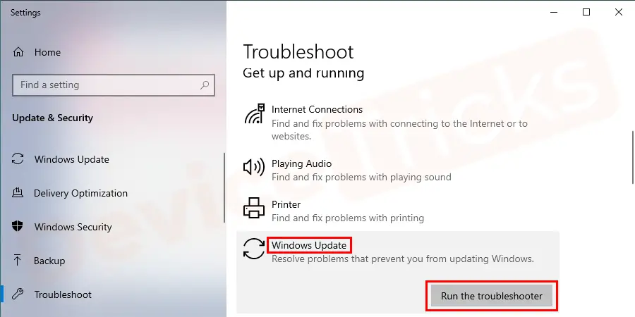 You will get several options, scroll down to find Windows update troubleshooter, and click on it.