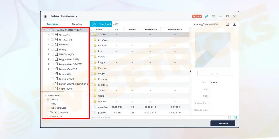 The software begins to search and wait for quick search results. Next click on the all-round recovery option to find your lost files. Bottom left, you can find a red box which shows the files can be found according to loss of time.