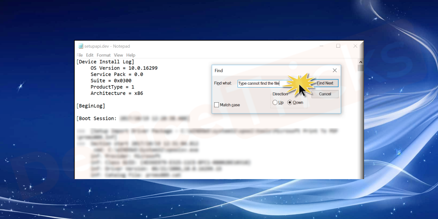 Press Ctrl+F hotkey and search for “cannot find the file”.