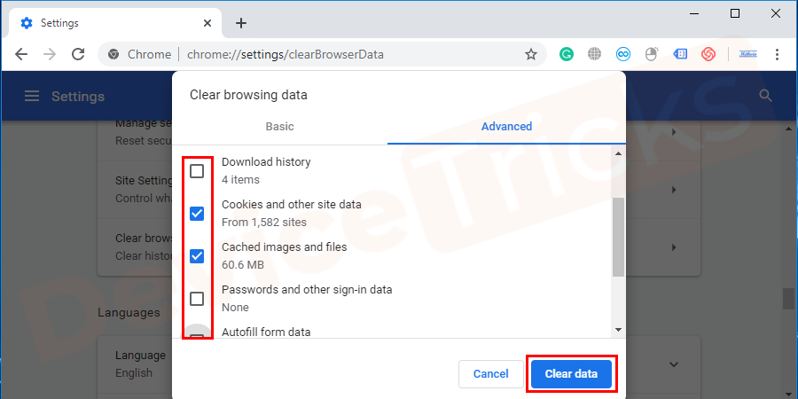 Check all the boxes present on the screen. And finally, click on clear data button present on the bottom of the pop–up window.