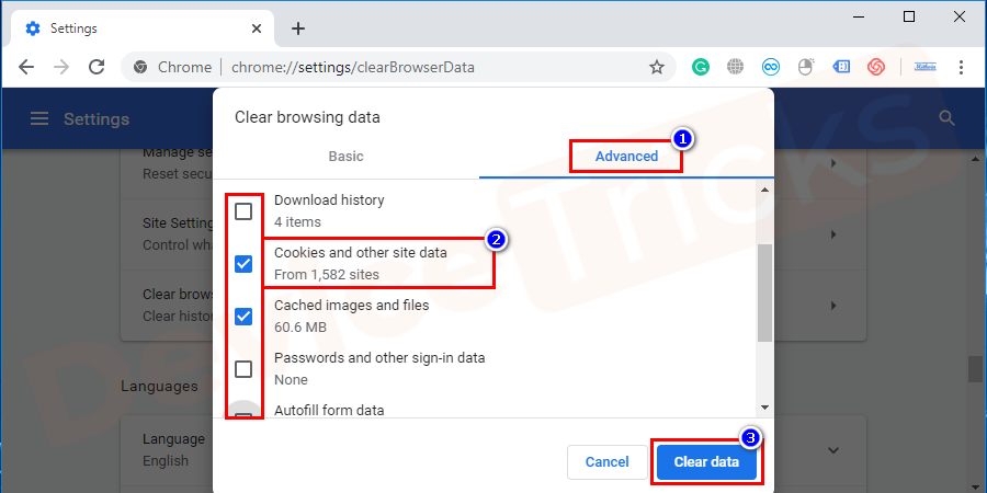 Thereafter, a new window will feature on your screen with few options, click on the ‘Advanced’ tab and select ‘Cookies and other site data’ from the featured list. And then click on ‘Clear data’.