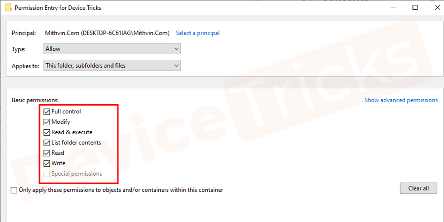 Again you will see the Permissions Entry window and here you have to checkmark all the boxes under Basic permissions.