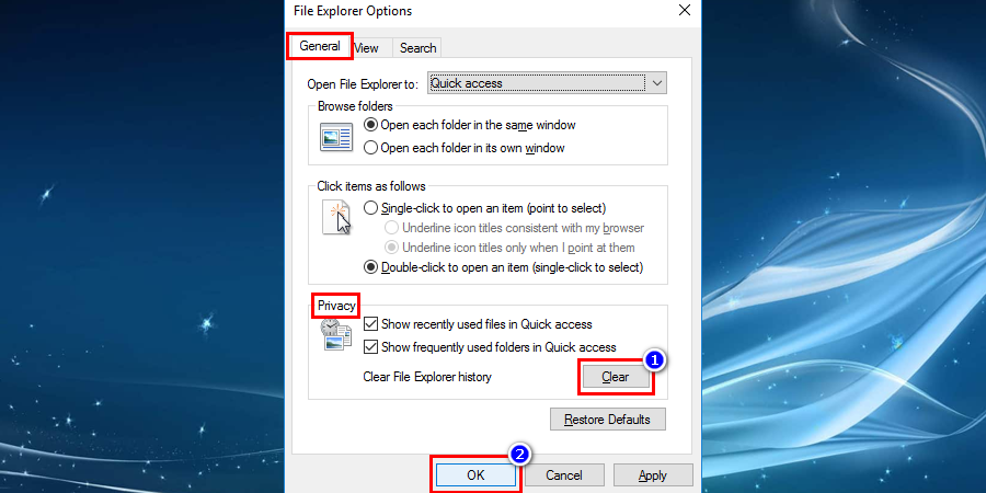 In the general tab scroll down to the Privacy section and hit the clear button to clear the history to fix Windows File Explorer keeps crashing