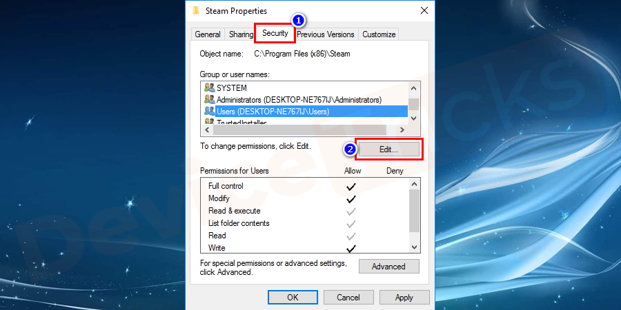 Next, go to the security option. Under group or user names click on the edit button as shown in the figure.