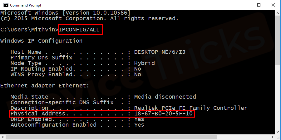 LAN network adapter and note down the physical address