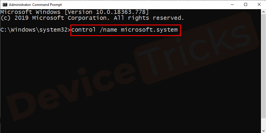 Now, type control /name microsoft.system and press Enter.
