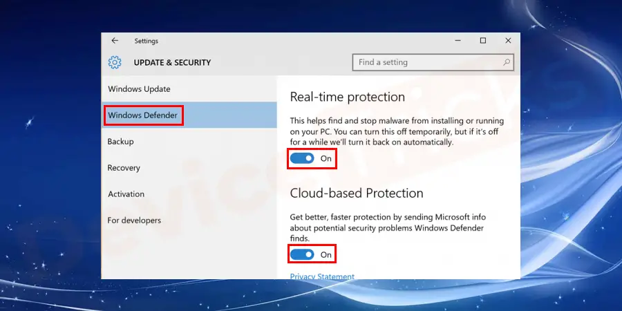 Click on the Windows Defender option present on the left side of the window. Further, you can click on the blue switch to turn off the AntiSpyware which is present under real-time protection.  You also disable Window’s Defender cloud-based protection which is present below real-time protection by clicking on the blue button.
