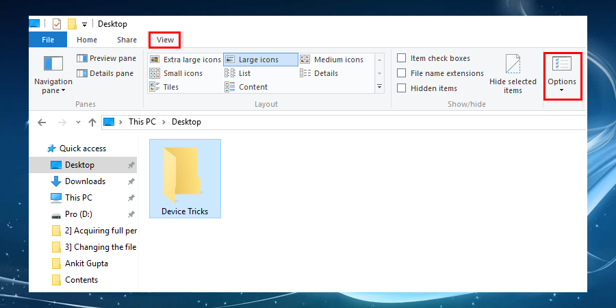 open the View tab and select the Options section to fix Windows File Explorer keeps crashing
