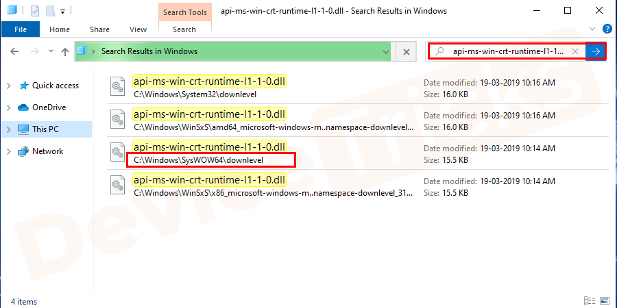 Now go inside the Windows folder and search for api-ms-win-crt-runtime-l1-1-0.dll in the search bar. and then select the folder which shows the navigation path of SysWOW64.