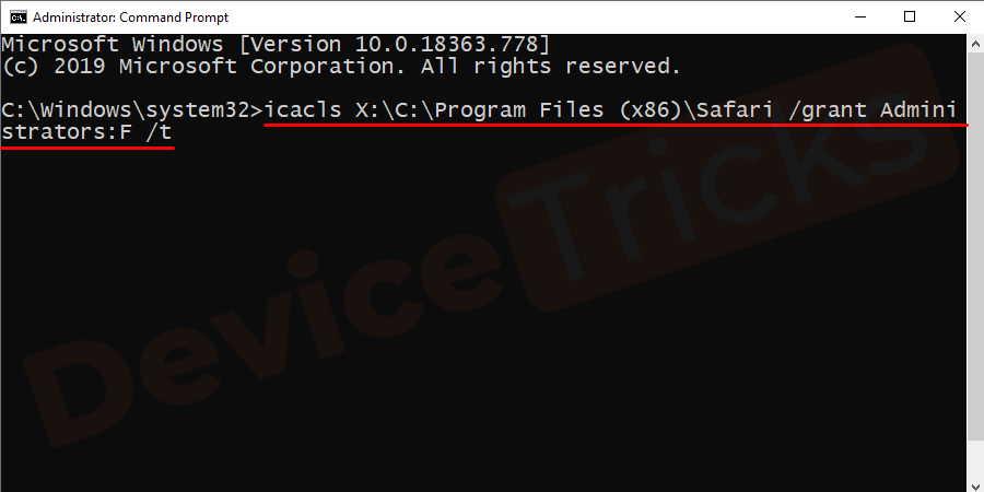 icacls X:\FULL_PATH_TO_FOLDER /grant Administrators:F /t