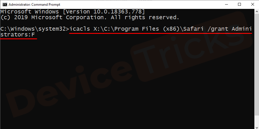 icacls X:\FULL_PATH_TO_FOLDER /grant Administrators:F