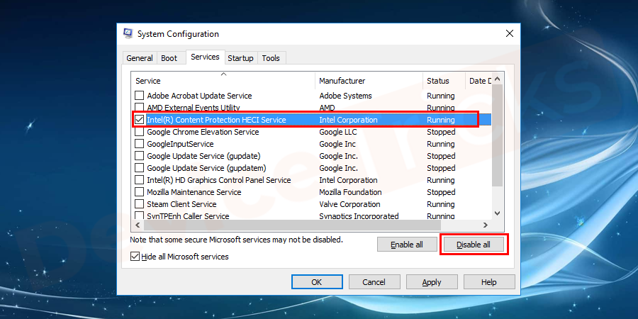 Now, scroll down the page and select ‘igfxext.exe’. After selecting the same, unchecked all the boxes and then click on the ‘Disable button’