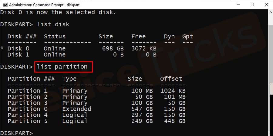 It’s time to go for the primary partition and for that, type ‘list partition’ in the command box and press the ‘Enter’ key.