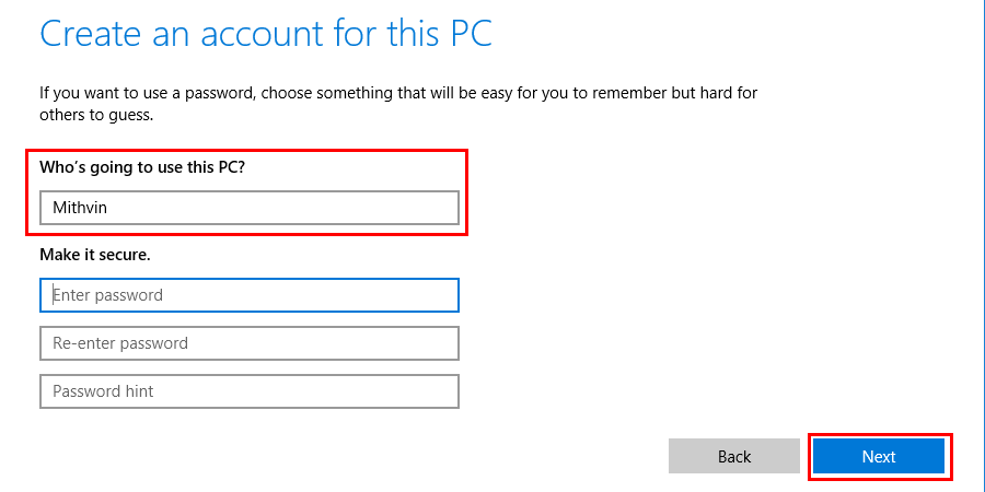 enter the name of the new user you want to create.  After this, click the Next button