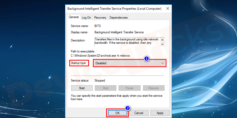 select the disable option from the list and hit the OK button