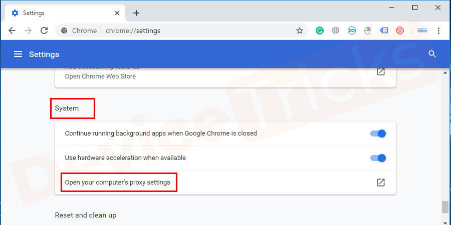 Scroll down to the bottom of the window, where you can find system category under which you can find options and click on open proxy settings.