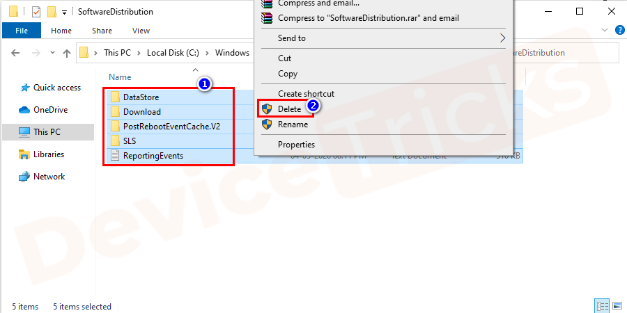 Now, open the Software Distribution folder. Select all files by pressing CTRL+A, then Delete these files.