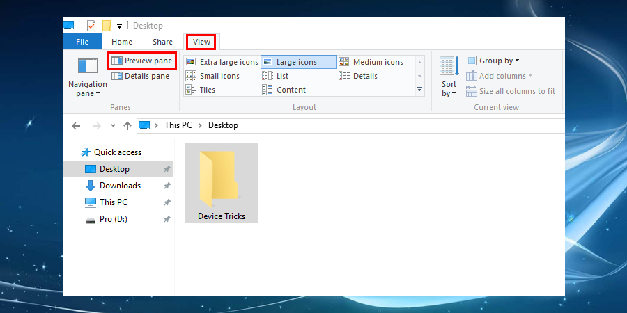 navigate yourself to View tab in the above-shown bar and ensure that the preview pane option is not selected to fix Windows File Explorer keeps crashing