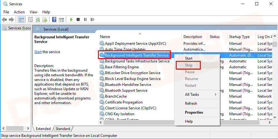 Once the services.msc window opens, scroll down and search for Background Intelligent Transfer Service. Right-Click and choose on the Stop option