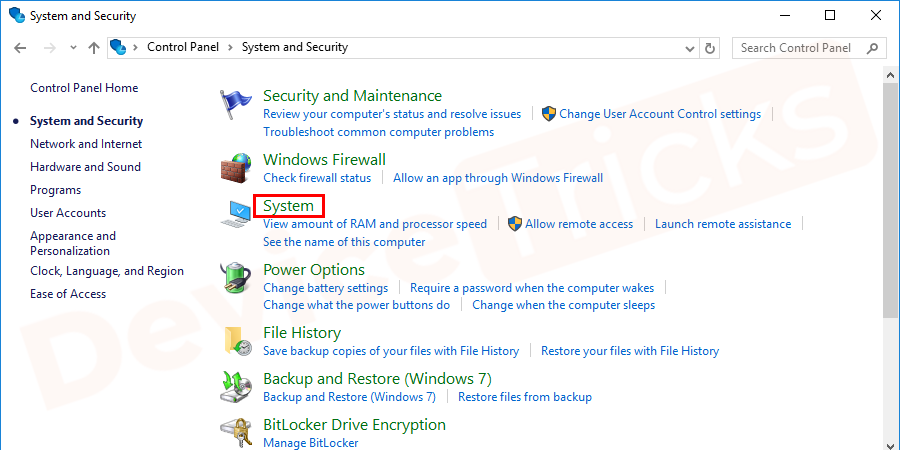 Choose System from the listed menu of System and Security.