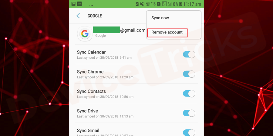Now, tap on your email ID and select ‘Remove’ account.
