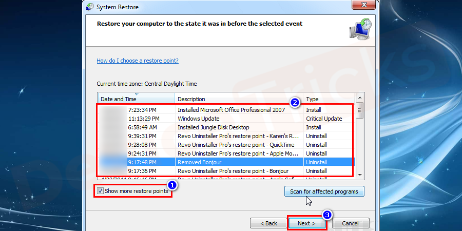 Click next and uptick to show all restore points > select the point where everything is fine with DLL file > click on Next to start the process of system restoring.