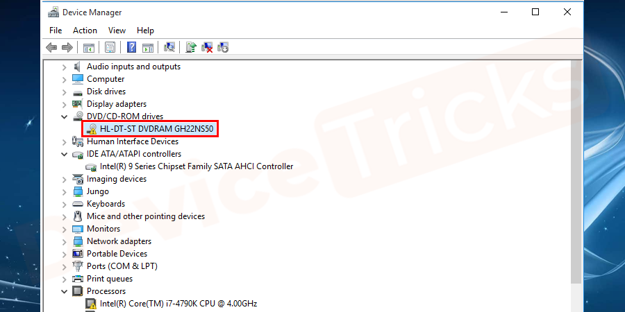 Your system will open a device manager window. Expand each every category to find any yellow warning symbol present on the device image.