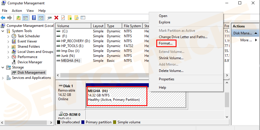 Select the USB Drive from the list, right-click on it, and then click on Format.
