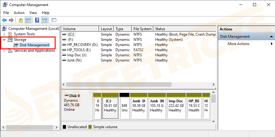 After that, a new window will appear on your screen, beneath the Storage section, you will find Disk Management, click on it.