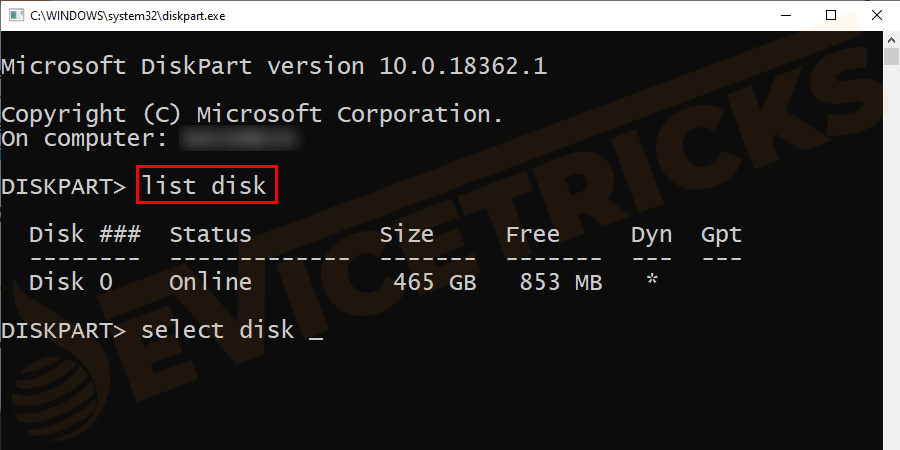 "list disk"