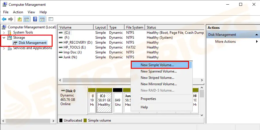 Now, select the removable disk from the menu, right-click on it and select New Simple Volume.