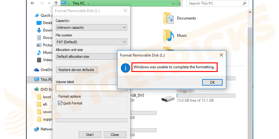 Why the Error "Windows was unable to complete the Format" occur?