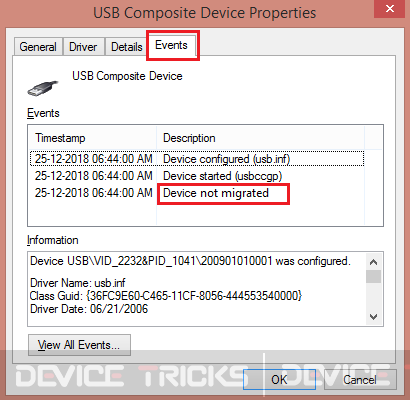 How to fix Device not migrated on Windows 10? Click on the events tab and see the device not migrated error