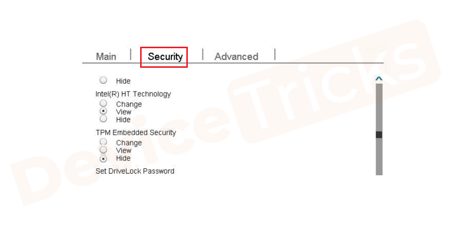 After landing into the BIOS Setup page, you will find few tabs listed at the top of the page, use the arrows key to select ‘Security’.