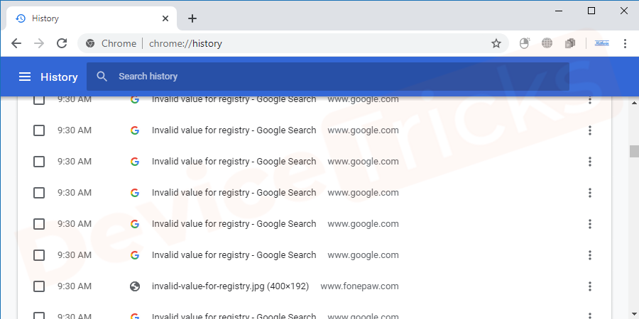 Open the Chrome browser and then press Ctrl+H to go to the browser history panel.