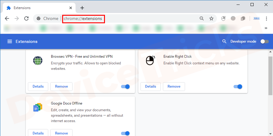 Copy and paste this URL chrome://extensions/ in a new tab in your browser. It will land you to the extensions page.